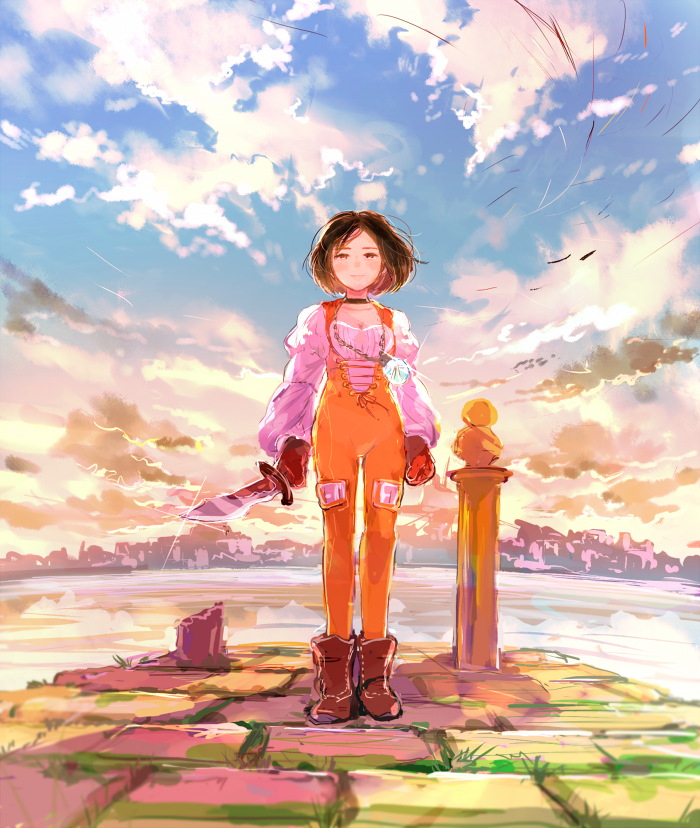 1girl artist_request black_hair bodysuit breasts brown_eyes cleavage final_fantasy final_fantasy_ix garnet_til_alexandros_xvii long_hair looking_at_viewer low-tied_long_hair orange_bodysuit short_hair solo