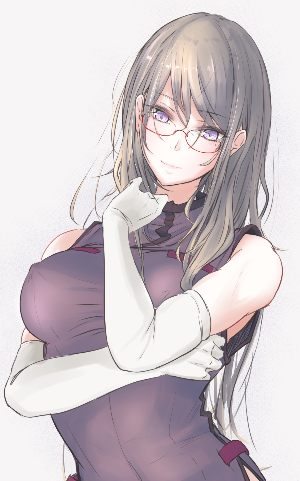 1girl abs akiyama_cz4a arm_rest bangs bespectacled blonde_hair breasts elbow_gloves erect_nipples glasses gloves grey_background hand_up head_tilt highres impossible_clothes long_hair looking_at_viewer medium_breasts mole mole_under_eye naked_tabard pink_lips red-framed_eyewear reflective_eyes simple_background smile solo tabard taut_clothes toned touhou under-rim_eyewear upper_body violet_eyes white_gloves yakumo_yukari