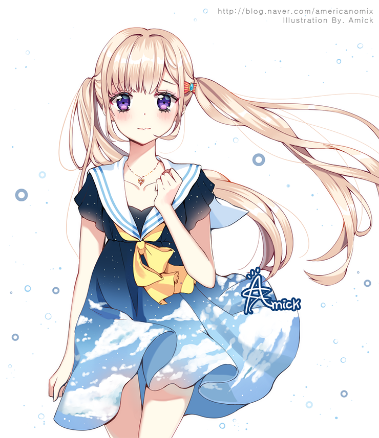 1girl amick_(americanomix) artist_name blonde_hair blue_sky blush clouds dress hair_ornament hairclip heart heart_necklace jewelry koi_to_uso long_hair looking_at_viewer necklace sad sanada_ririna short_dress short_sleeves sidelocks sky sky_print solo twintails very_long_hair violet_eyes watermark web_address white_sailor_collar wind