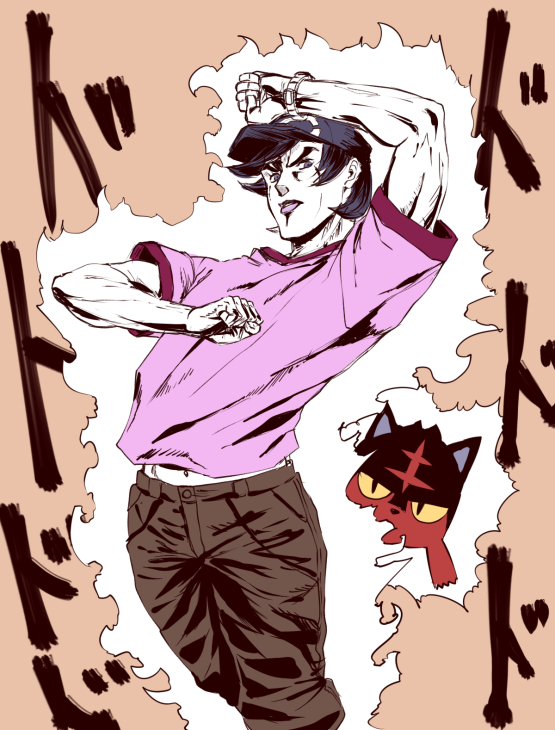 1boy araki_hirohiko_(style) arm_up aura baseball_cap brown_background brown_shorts cowboy_shot hat ishii_hisao jojo_no_kimyou_na_bouken jojo_pose litten looking_at_viewer manly muscle parody pink_shirt pokemon pokemon_(creature) pokemon_(game) pokemon_sm pose purple_hair purple_lips shirt short_sleeves shorts simple_background standing style_parody violet_eyes watch watch you_(pokemon_sm)