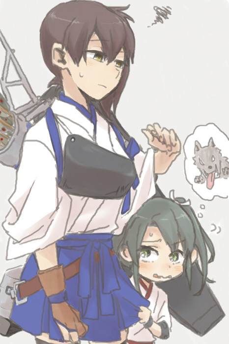 2girls arrow bangs black_legwear blue_skirt blush brown_gloves brown_hair child commentary_request eyebrows_visible_through_hair gloves green_eyes green_hair grey_background hair_between_eyes hair_ribbon height_difference kaga_(kantai_collection) kantai_collection long_sleeves multiple_girls ribbon scared short_hair simple_background skirt skirt_tug squiggle sweatdrop thigh-highs thought_bubble wavy_mouth white_ribbon younger zettai_ryouiki zuikaku_(kantai_collection)