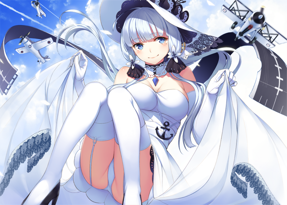 1girl aircraft airplane anchor azur_lane bare_shoulders blue_eyes blue_sky breasts choker cleavage clouds cloudy_sky commentary_request dress dress_lift elbow_gloves flight_deck gloves illustrious_(azur_lane) large_breasts long_hair looking_at_viewer mole mole_under_eye off_shoulder panties pantyshot pantyshot_(sitting) runway sitting sky smile solo tri_tails underwear vitamin_b2 white_dress white_gloves white_hair white_panties