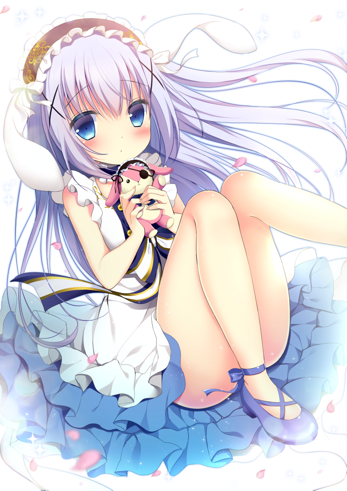 1girl animal_ears ankle_lace-up bangs bare_arms bare_legs bare_shoulders blue_eyes blue_footwear blue_hair blush closed_mouth commentary_request convenient_leg cross-laced_footwear dress eyebrows_visible_through_hair frilled_dress frills gochuumon_wa_usagi_desu_ka? hair_between_eyes hair_ornament hairclip headdress holding holding_stuffed_animal kafuu_chino knees_together_feet_apart long_hair looking_at_viewer petals rabbit_ears shibainu_niki shoes sitting solo stuffed_animal stuffed_bunny stuffed_toy white_background white_dress x_hair_ornament