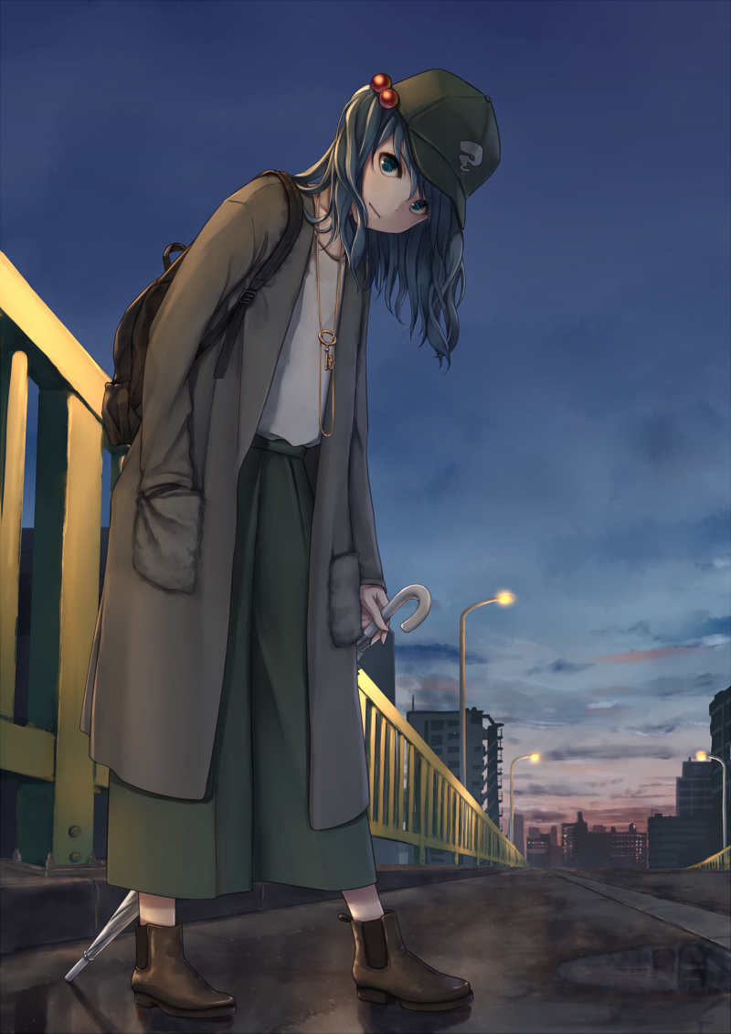 1girl alternate_costume backpack bag blue_eyes blue_hair brown_footwear casual closed_mouth clouds coat contemporary dtvisu green_hat green_skirt hair_bobbles hair_ornament hand_in_pocket hat holding kawashiro_nitori key leaning_forward light_smile long_hair long_skirt looking_at_viewer outdoors shirt shoes skirt sky solo touhou umbrella white_shirt