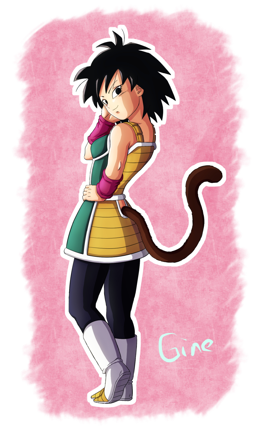 1girl armor bare_shoulders black_eyes black_hair boots breasts character_name dragon_ball gine hand_on_hip highres looking_back monkey_tail outline pink_background shinopia shiny shiny_hair short_hair smile solo tail white_background wristband