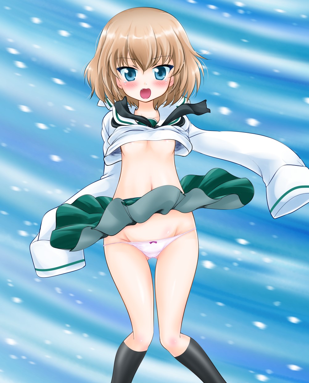 1girl alternate_costume bangs black_legwear black_neckwear blizzard blouse blush bow bow_panties breasts commentary_request crotch_seam eyebrows_visible_through_hair girls_und_panzer gluteal_fold green_skirt highres katyusha kneehighs knees_together_feet_apart long_sleeves looking_at_viewer miniskirt neckerchief ooarai_school_uniform open_mouth oversized_clothes panties pink_panties pleated_skirt school_uniform serafuku shirt_lift short_hair skirt sleeves_past_wrists small_breasts snow solo standing tachibana_hiroki under_boob underwear white_blouse wind wind_lift