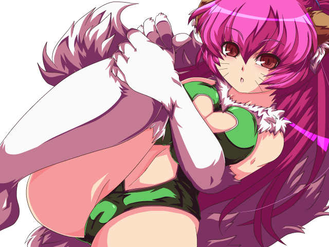 1girl animal_ears breasts brown_eyes cat_ears cat_tail cleavage cleavage_cutout green_leotard large_breasts leotard long_hair looking_at_viewer narura navel_cutout perisie_(star_ocean) pink_hair ponytail simple_background solo star_ocean star_ocean_first_departure tail whisker_markings white_background