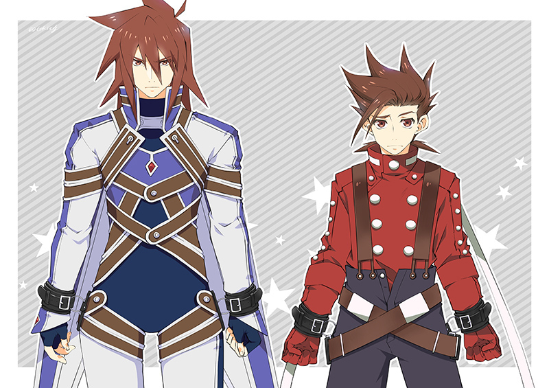 2boys belt black_pants bodysuit brown_hair buckle clenched_hand cowboy_shot gloves grey_background kratos_aurion lloyd_irving male_focus multiple_boys pants red_gloves red_shirt shirt spiky_hair star striped striped_background suspenders tales_of_(series) tales_of_symphonia tktg