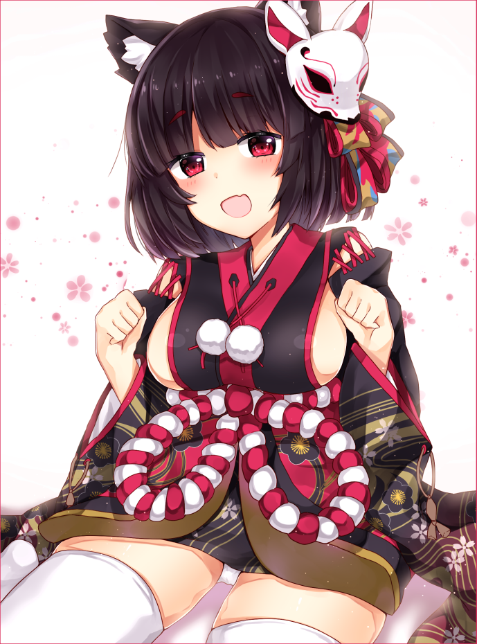 1girl :d animal_ears azur_lane black_hair breasts cat_ears cat_mask commentary_request japanese_clothes looking_at_viewer open_mouth panties pantyshot pantyshot_(sitting) paw_pose red_eyes shikino_(sikinonono) short_hair sideboob sitting smile solo thigh-highs underwear white_legwear white_panties yamashiro_(azur_lane) zettai_ryouiki