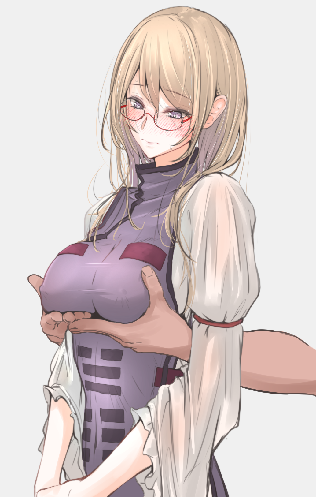 1girl akiyama_cz4a arm_strap bangs bespectacled blonde_hair blush breast_grab breasts closed_mouth covered_navel dress ears erect_nipples eyebrows_visible_through_hair glasses grabbing grabbing_from_behind grey_background hair_between_eyes head_tilt highres juliet_sleeves long_hair long_sleeves looking_down medium_breasts mole mole_under_eye no_hat no_headwear nose_blush pink_lips puffy_sleeves red-framed_eyewear reflective_eyes sidelocks simple_background solo_focus sweat sweatdrop tabard taut_clothes touhou upper_body violet_eyes white_dress wide_sleeves yakumo_yukari