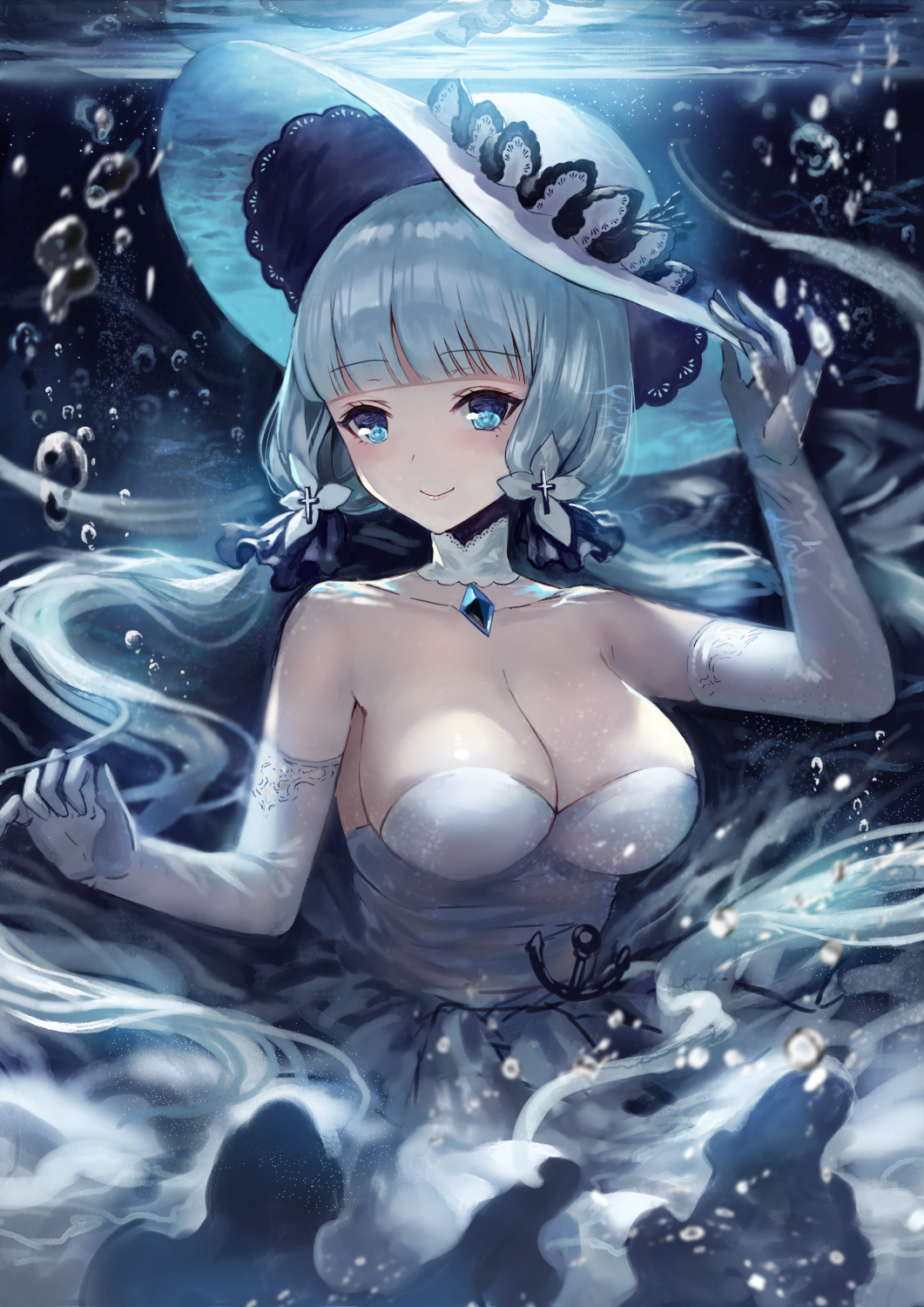 1girl air_bubble arm_up azur_lane bangs bare_shoulders blue_eyes blue_hair blunt_bangs blush breasts bubble collarbone detached_collar dress elbow_gloves gem gloves hand_on_headwear hat highres illustrious_(azur_lane) large_breasts long_hair looking_at_viewer low_twintails smile solo submerged sun_hat tareme terai_(teraimorimori) twintails underwater very_long_hair water water_surface white_dress white_gloves white_hat