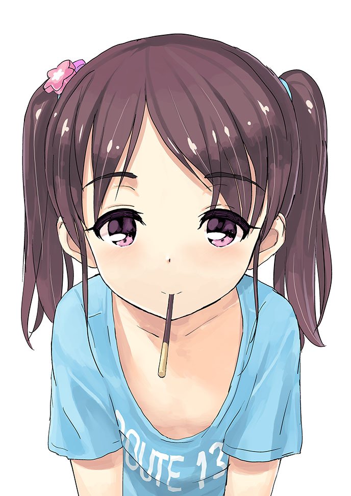 1girl blue_shirt brown_eyes brown_hair downblouse flat_chest food jiji leaning_forward long_hair looking_at_viewer mouth_hold original pocky shirt smile solo t-shirt twintails upper_body