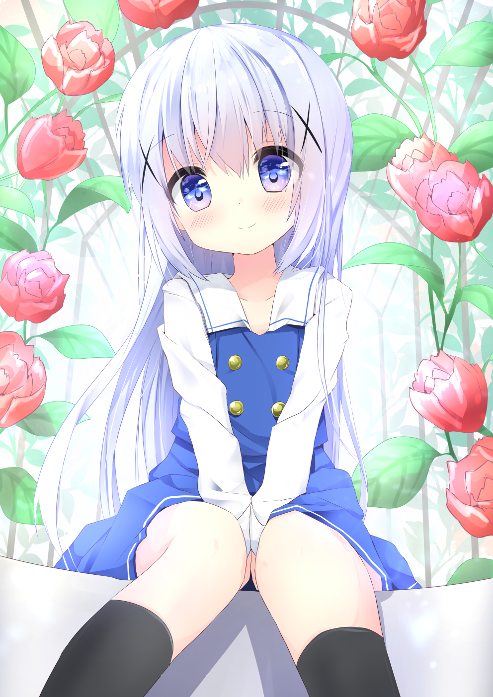 1girl bangs black_legwear blue_dress blue_eyes blue_hair blush closed_mouth commentary_request dress eyebrows_visible_through_hair flower gochuumon_wa_usagi_desu_ka? hair_ornament hairclip head_tilt highres kafuu_chino kneehighs knees_together_feet_apart kouda_suzu lavender_hair long_hair long_sleeves looking_at_viewer red_flower red_rose rose sailor_collar sailor_dress school_uniform sitting smile socks solo white_sailor_collar x_hair_ornament