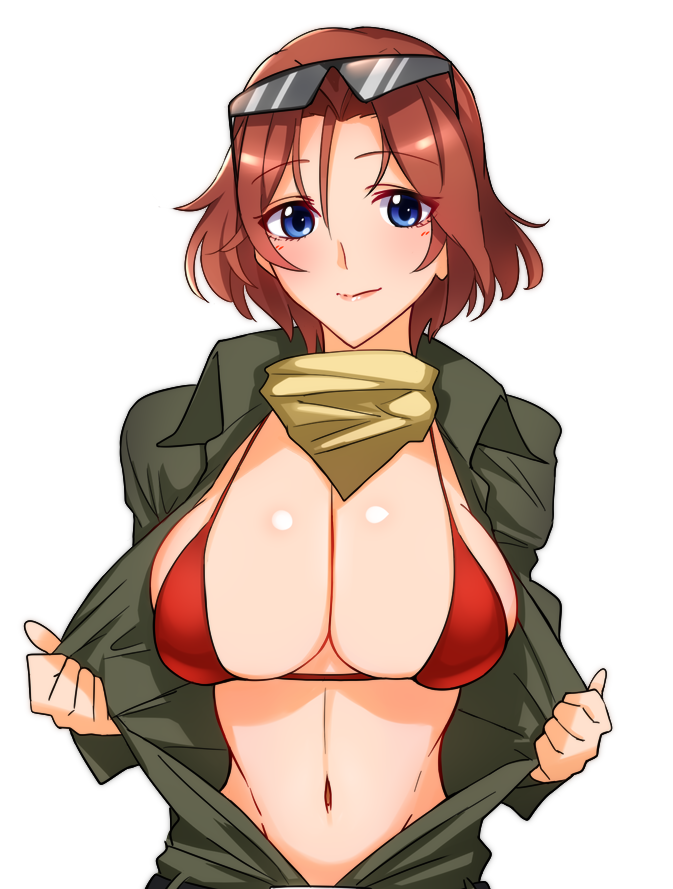 1girl azumi_(girls_und_panzer) bandanna bangs blue_eyes breasts brown_shirt cleavage closed_mouth commentary_request dress_shirt eyebrows_visible_through_hair eyewear_on_head girls_und_panzer light_smile looking_at_viewer military military_uniform navel open_clothes open_shirt red_bikini_top redhead shirt short_hair simple_background solo standing sunglasses undressing uniform upper_body webslinger white_background yellow_neckwear