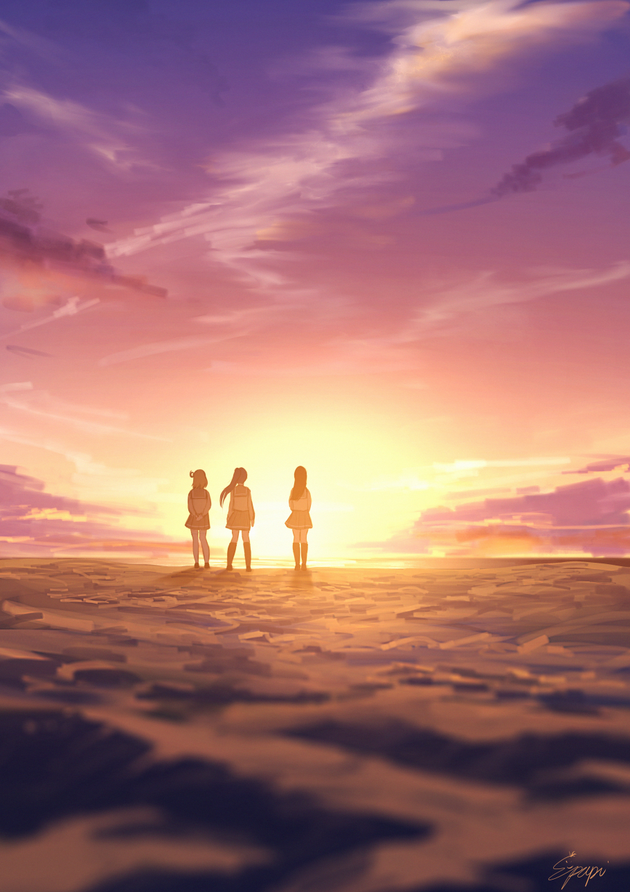 3girls arms_behind_back backlighting black_legwear clouds from_behind hands_together highres kneehighs kurosawa_dia long_hair love_live! love_live!_sunshine!! matsuura_kanan multiple_girls ohara_mari outdoors own_hands_together papi_(papiron100) ponytail signature standing sunset thigh-highs uranohoshi_school_uniform white_legwear wind