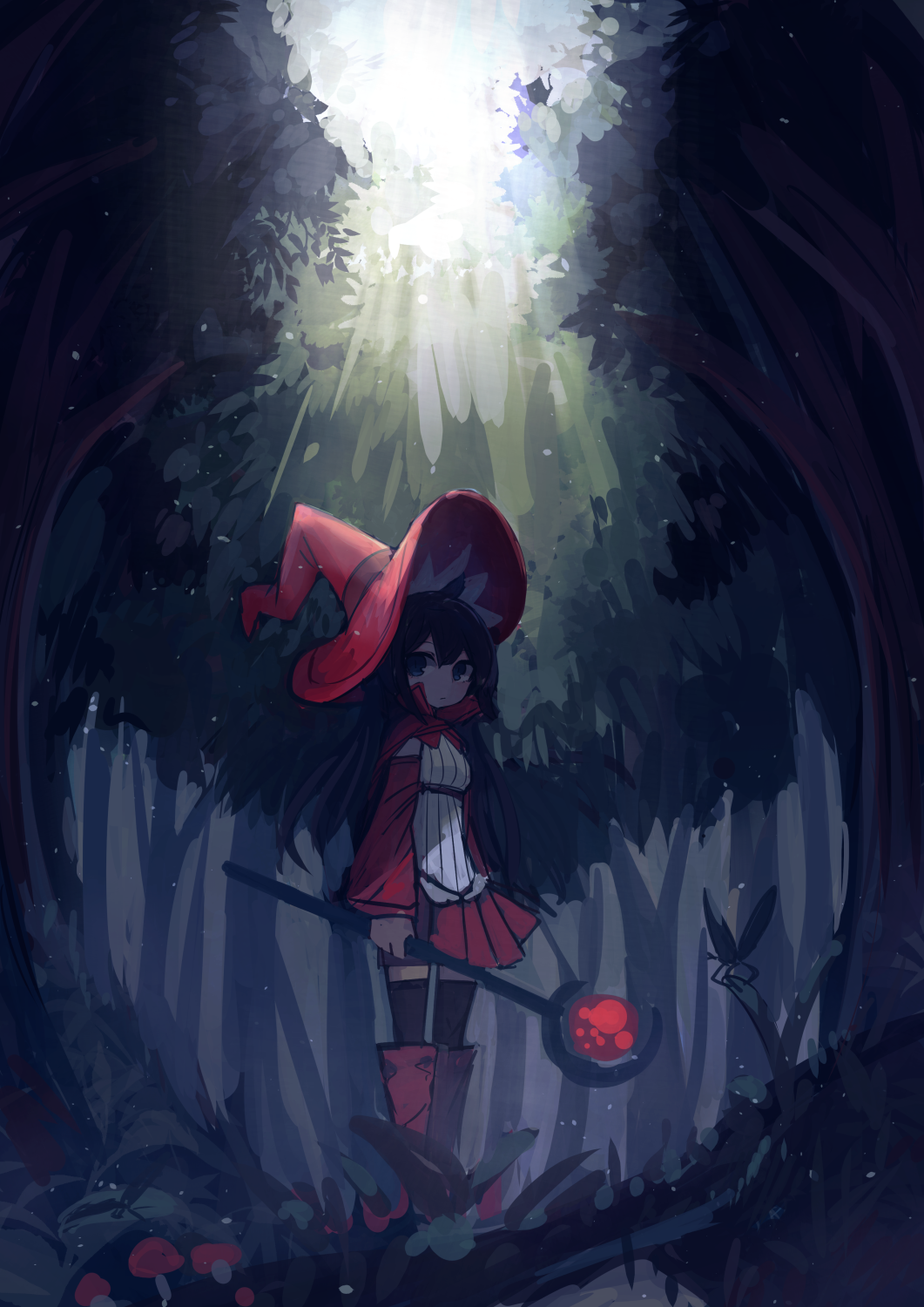 1girl black_hair black_legwear blue_eyes boots capelet dappled_sunlight day forest gatakigi_gama hat highres holding holding_staff insect long_hair long_sleeves looking_at_viewer mushroom nature original outdoors pleated_skirt red_footwear red_hat red_skirt skirt solo staff standing sunlight thigh-highs tree witch_hat