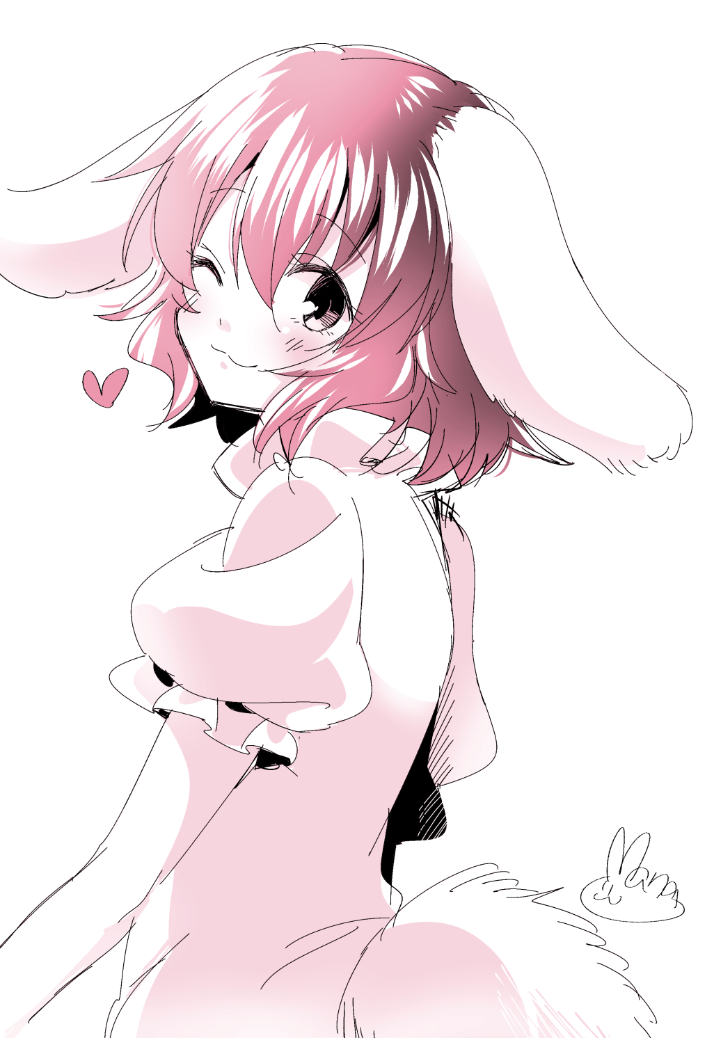 1girl ;3 animal_ears bangs black_hair blush bunny_tail commentary_request hair_between_eyes heart highres inaba_tewi looking_at_viewer mana_(tsurubeji) monochrome one_eye_closed puffy_short_sleeves puffy_sleeves rabbit_ears short_hair short_sleeves signature simple_background sketch solo tail touhou white_background