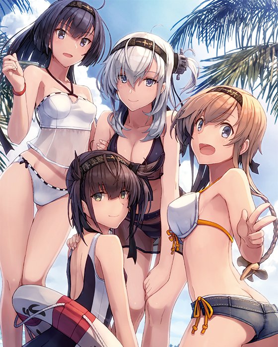 4girls :d akizuki_(kantai_collection) ass bikini black_bikini black_hair blue_sky braid breasts bright_pupils brown_hair butt_crack cleavage closed_mouth clouds cloudy_sky day from_side hair_between_eyes halterneck hand_on_another's_shoulder hatsuzuki_(kantai_collection) headband innertube kantai_collection leaning_forward medium_breasts multiple_girls one-piece_swimsuit one_side_up open_mouth outdoors palm_tree panty_slip ponytail shizuma_yoshinori short_shorts shorts silver_hair sky small_breasts smile suzutsuki_(kantai_collection) swimsuit teruzuki_(kantai_collection) tree w white_bikini wristband