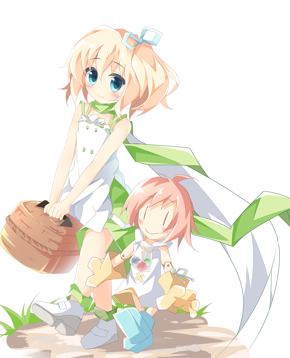 2girls bangs bare_arms bare_shoulders basket belle_(katahane) blonde_hair blue_footwear blue_ribbon blush closed_mouth coco_(katahane) commentary_request doll_joints dress eyebrows_visible_through_hair gloves green_ribbon hair_between_eyes hair_ribbon highres holding holding_basket katahane kushida_you looking_at_viewer multiple_girls one_side_up pink_hair ribbon ribbon-trimmed_dress shoes simple_background sleeveless sleeveless_dress smile sundress walking white_background white_dress white_footwear yellow_gloves |_|