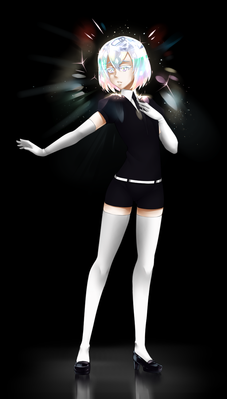 androgynous black_background black_footwear black_neckwear black_shirt black_shorts collared_shirt diamond_(houseki_no_kuni) elbow_gloves full_body glint gloves hair_between_eyes high_heels highres houseki_no_kuni multicolored_hair necktie parted_lips puffy_short_sleeves puffy_sleeves reflection reflective_floor shiny shiny_hair shirt short_hair short_sleeves shorts simple_background solo standing thigh-highs twrlare white_gloves white_hair white_legwear white_shirt wing_collar