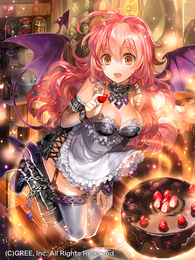 1girl :d apron arm_belt bangs bare_shoulders black_footwear boots breasts cake chocolate choker cleavage demon_girl demon_tail demon_wings detached_sleeves eyebrows_visible_through_hair fishnet_legwear fishnets flying food fruit hair_between_eyes holding holding_fruit indoors jewelry light_particles long_hair looking_at_viewer medium_breasts necklace official_art open_mouth orange_eyes pink_hair rioka_(southern_blue_sky) seisen_cerberus smile solo strawberry tail thigh-highs vial watermark wings