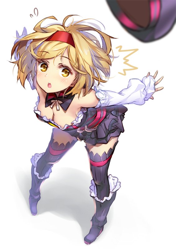 /\/\/\ 1girl bare_shoulders blonde_hair boots breasts cleavage detached_collar detached_sleeves djeeta_(granblue_fantasy) eyebrows_visible_through_hair fate/grand_order fate_(series) flying_sweatdrops frill_trim full_body granblue_fantasy hairband hat hat_removed headwear_removed helena_blavatsky_(fate/grand_order) hong_(white_spider) leaning_forward looking_up medium_breasts open_mouth outstretched_arms pigeon-toed short_hair skirt sleeves_past_wrists solo stnading thigh-highs yellow_eyes
