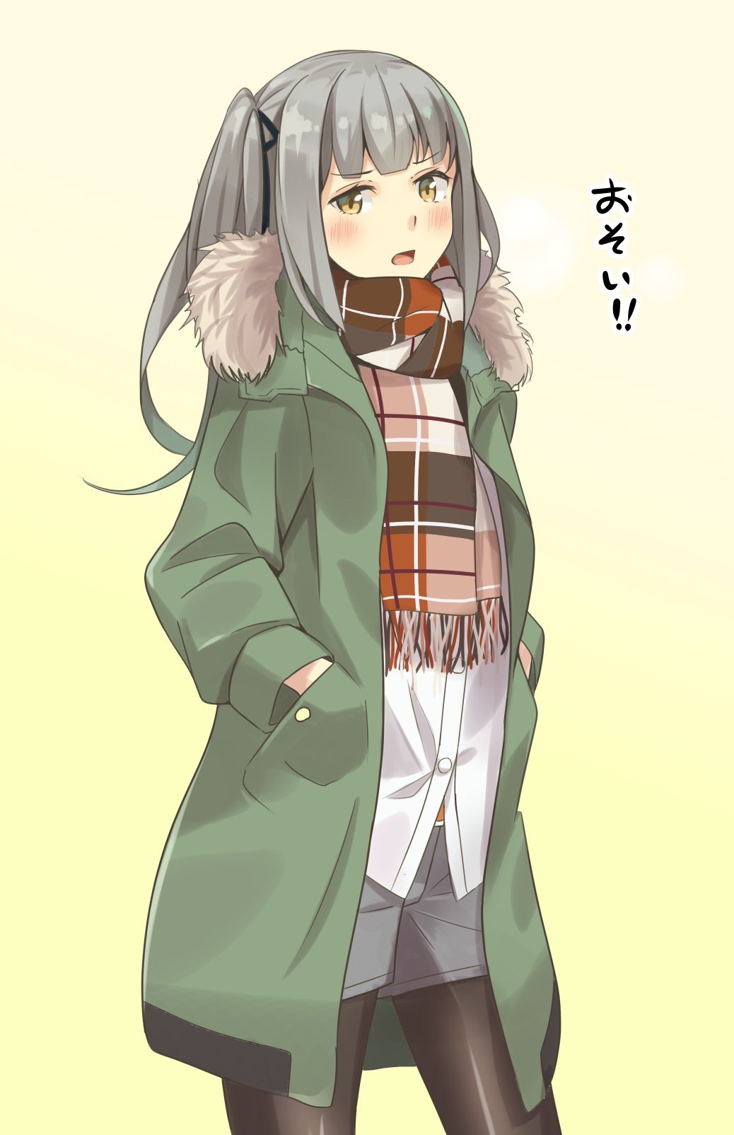 1girl alternate_costume black_legwear blush bow brown_eyes casual coat commentary_request hair_bow hair_ribbon hands_in_pockets highres kantai_collection kasumi_(kantai_collection) long_hair looking_at_viewer negahami open_mouth pantyhose ribbon scarf shorts side_ponytail silver_hair simple_background solo translation_request winter_clothes winter_coat yellow_background