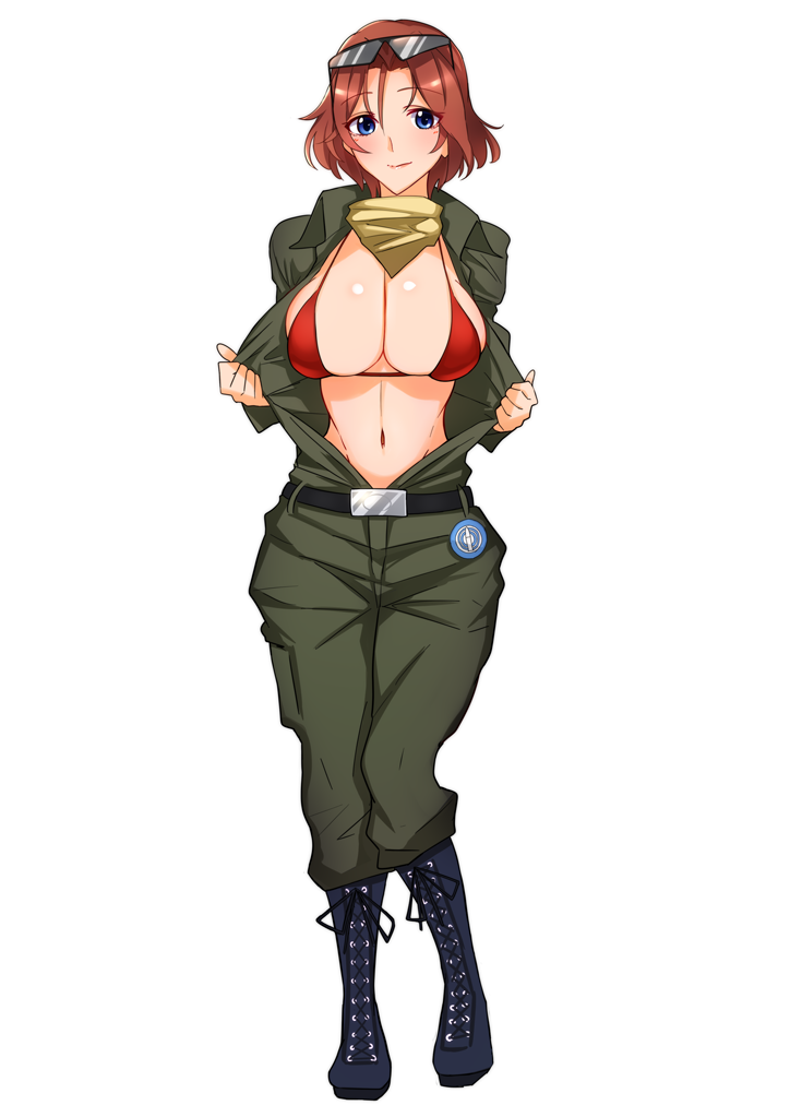 1girl azumi_(girls_und_panzer) bangs black_belt black_footwear blue_eyes boots breasts brown_pants brown_shirt cleavage closed_mouth commentary_request cross-laced_footwear dress_shirt emblem eyebrows_visible_through_hair eyewear_on_head full_body girls_und_panzer lace-up_boots large_breasts light_smile looking_at_viewer military military_uniform navel open_clothes open_shirt pants red_bikini_top redhead selection_university_(emblem) shirt short_hair simple_background solo standing standing_on_one_leg sunglasses undressing uniform webslinger white_background