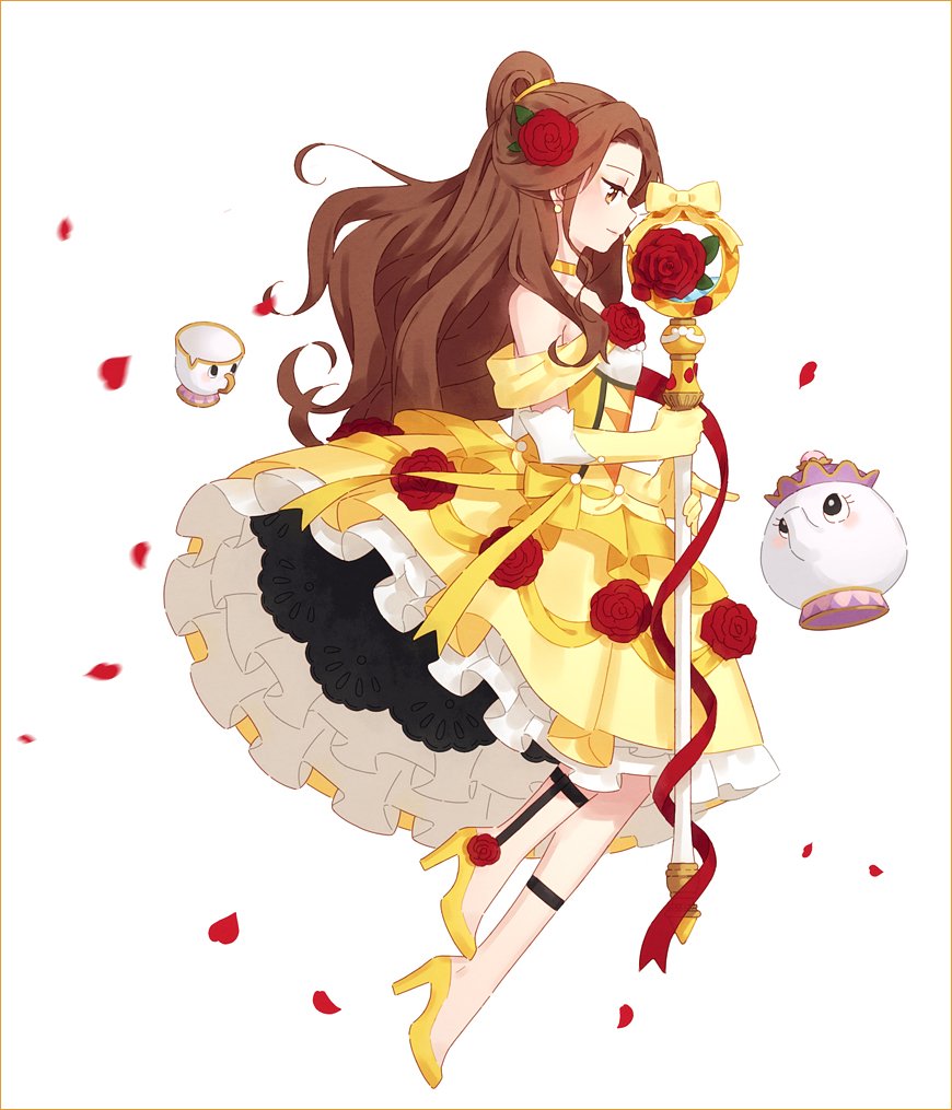 1girl adapted_costume beauty_and_the_beast belle_(disney) brown_eyes brown_hair chip_potts choker disney earrings elbow_gloves flower gloves hair_flower hair_ornament hakusai_(tiahszld) high_heels jewelry long_hair magical_girl mother_and_son mrs._potts mrs_potts objectification petals red_rose ribbon rose rose_petals simple_background staff white_background