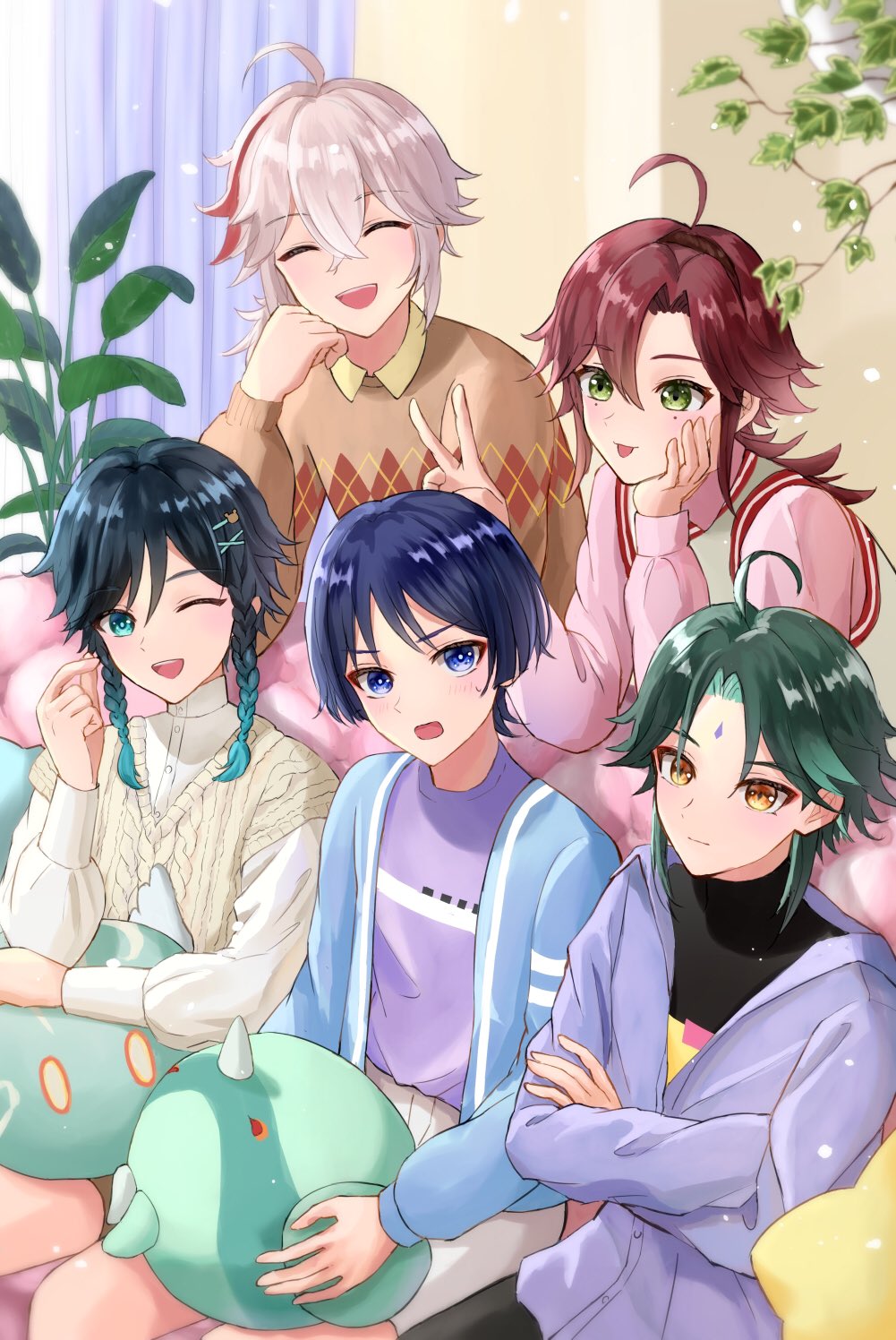 5boys aqua_eyes bangs black_hair black_shirt blue_eyes blue_jacket braid brown_sweater closed_eyes genshin_impact gradient_hair green_eyes green_hair hair_ornament highres jacket kaedehara_kazuha long_sleeves male_focus multicolored_hair multiple_boys one_eye_closed open_mouth purple_hair purple_jacket purple_shirt redhead scaramouche_(genshin_impact) shikanoin_heizou shirt short_hair slime_(substance) suya_(suya_ny) sweater tongue tongue_out twin_braids v venti_(genshin_impact) wanderer_(genshin_impact) x_hair_ornament xiao_(genshin_impact) yellow_eyes