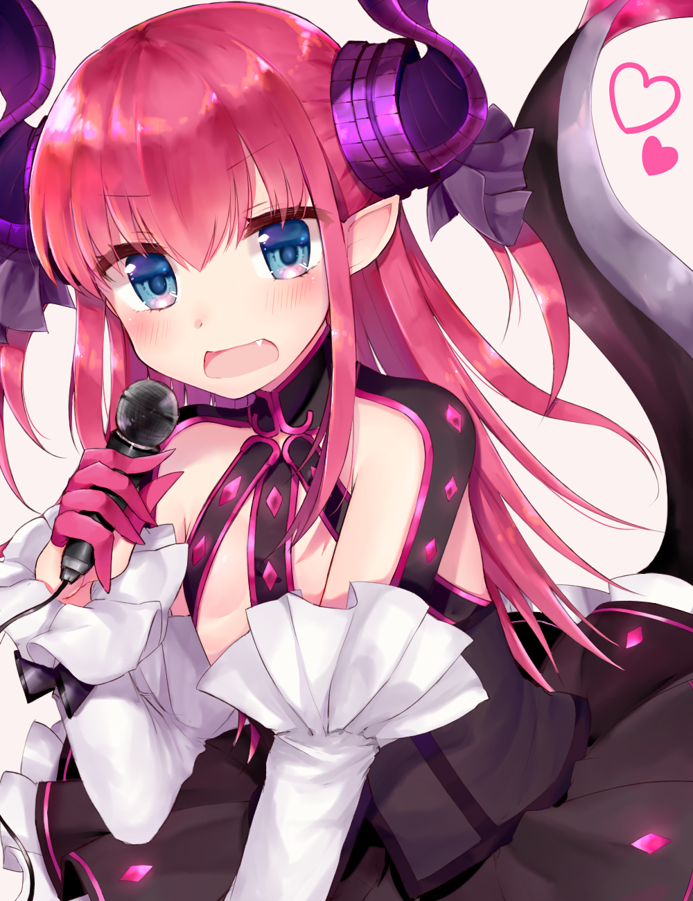 1girl blue_eyes commentary_request detached_sleeves dragon_girl dragon_horns dragon_tail fate/extra fate/extra_ccc fate_(series) flat_chest highres holding horns lancer_(fate/extra_ccc) long_hair looking_at_viewer maria_(maria0304) microphone music open_mouth pointy_ears redhead singing solo tail