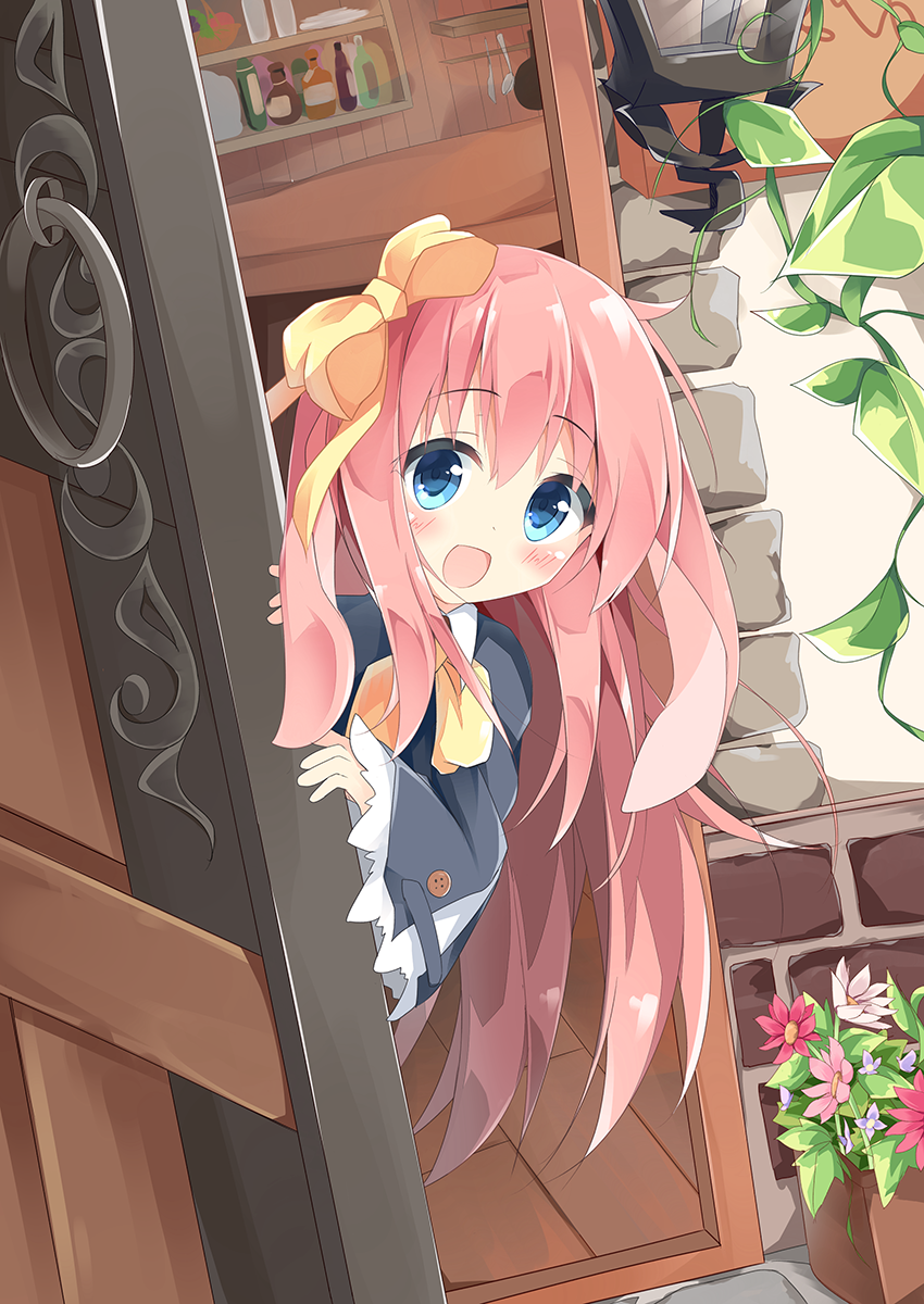 1girl :d animal_ears bangs blue_eyes blue_jacket blush bottle bow bowtie commentary_request day eyebrows_visible_through_hair flower_pot hair_between_eyes hair_bow highres jacket kushida_you long_sleeves looking_at_viewer open_door open_mouth original outdoors peeking_out pink_flower pink_hair plant rabbit_ears ribbon smile solo vines white_flower wide_sleeves yellow_bow yellow_neckwear yellow_ribbon