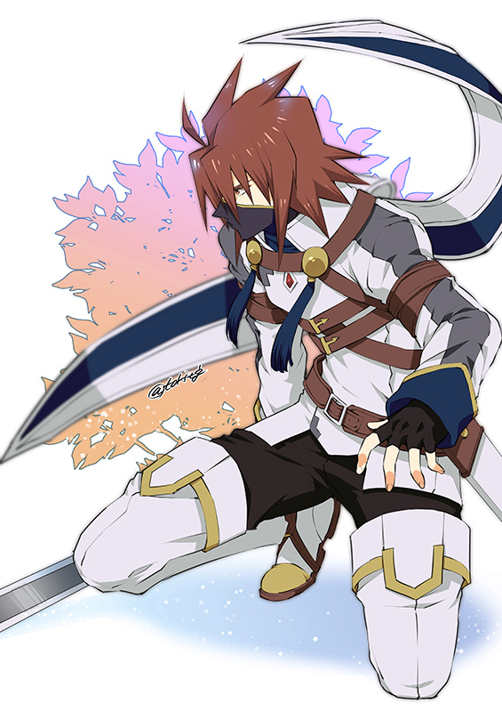 1boy alternate_costume black_gloves black_pants boots buckle fingerless_gloves gloves kratos_aurion looking_away male_focus mask pants red_eyes solo spiky_hair squatting sword tales_of_(series) tales_of_symphonia tassel thigh-highs thigh_boots tktg twitter_username weapon white_background white_footwear