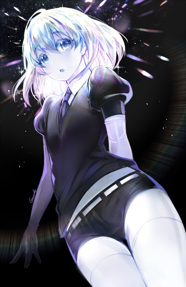 androgynous belt black_background black_neckwear black_shorts collared_shirt diamond_(houseki_no_kuni) elbow_gloves eyelashes gendo0032 gloves grey_eyes houseki_no_kuni multicolored_hair necktie open_mouth shiny shiny_hair shirt short_hair short_sleeves shorts simple_background sparkle thigh-highs uniform white_belt white_gloves white_legwear white_skin