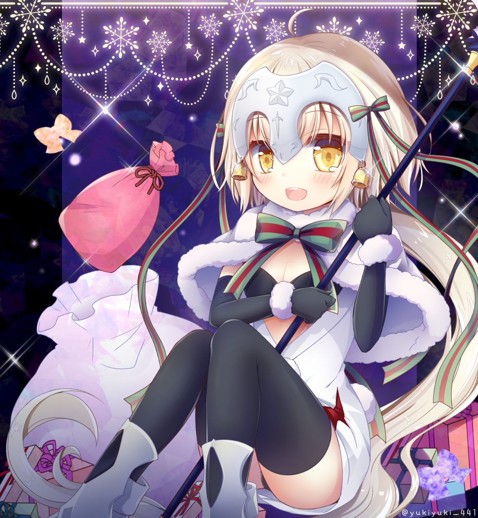 1girl :d ahoge bell black_bra black_gloves black_legwear black_panties blush box bra commentary_request elbow_gloves fate/grand_order fate_(series) gift gift_box gloves headpiece holding jeanne_d'arc_(fate)_(all) jeanne_d'arc_alter_santa_lily long_hair looking_at_viewer low_ponytail open_mouth panties pantyshot pantyshot_(sitting) polearm sack silver_hair sitting smile solo thigh-highs underwear weapon yellow_eyes yukiyuki_441 zettai_ryouiki