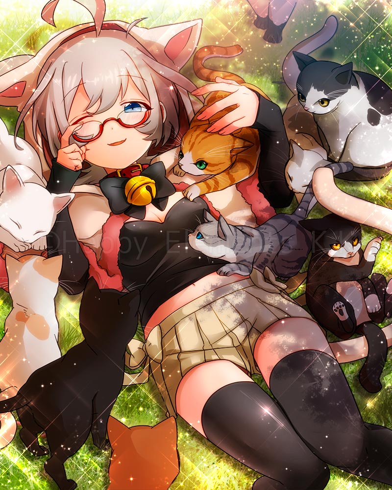 1girl ahoge bell bell_collar breasts cat cleavage collar ensemble_girls! glasses grey_eyes grey_hair kannazuki_hotori one_eye_closed pleated_skirt red-framed_eyewear skirt sparkle thigh-highs zettai_ryouiki