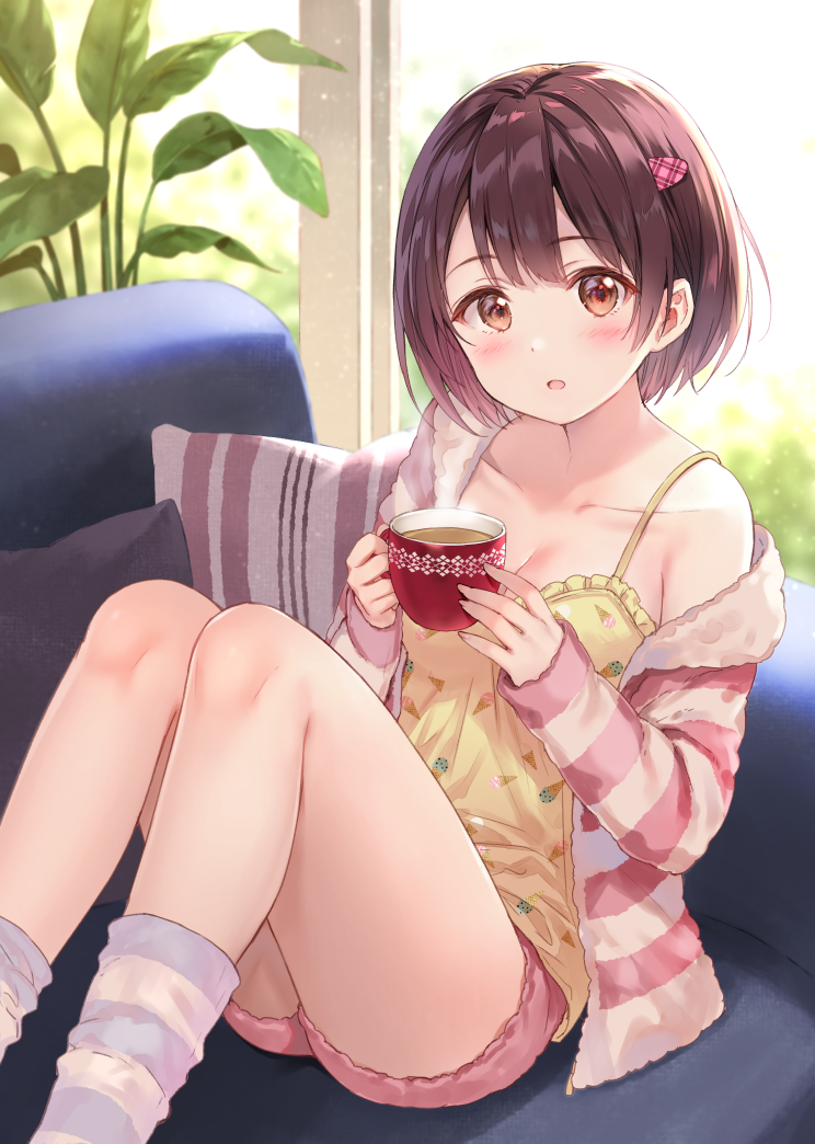 1girl bangs blue_legwear blush breasts brown_eyes brown_hair collarbone commentary_request couch cup eyebrows_visible_through_hair fukahire_sanba hair_ornament holding holding_cup long_sleeves medium_breasts original parted_lips pillow pink_shorts pink_sweater plant shirt short_hair shorts shoulders sitting solo striped striped_legwear striped_sweater sweater undressing window yellow_shirt
