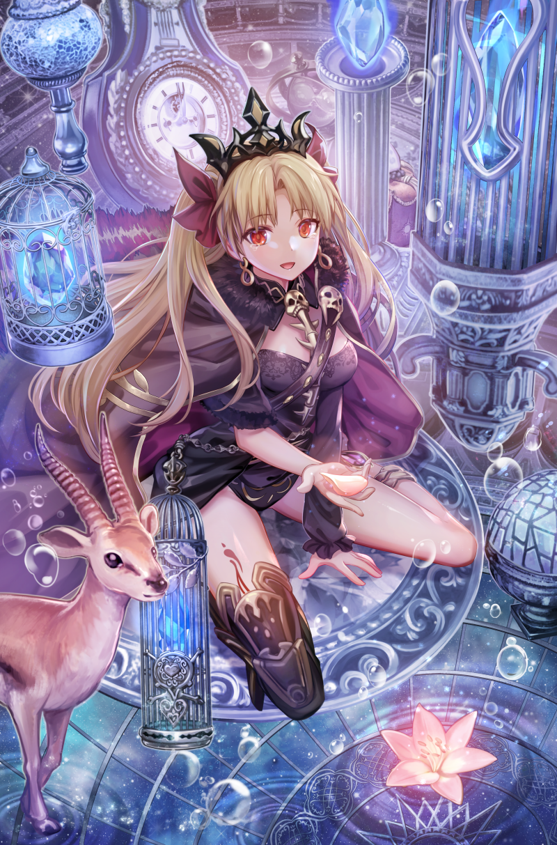 1girl :d animal bangs blonde_hair bow breasts crying earrings ereshkigal_(fate/grand_order) eyebrows_visible_through_hair fate_(series) full_body hair_bow hair_ornament highres hips jewelry long_hair looking_at_viewer open_mouth red_eyes single_thighhigh sitting smile solo thigh-highs tiara tohsaka_rin torino_akua underwater wariza water wildebeest
