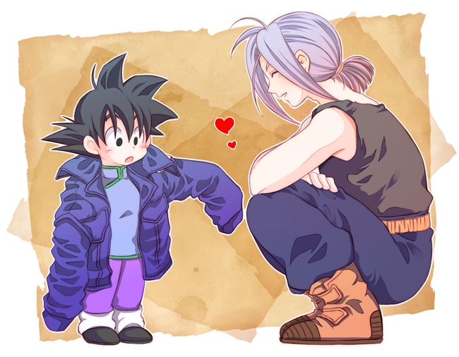 2boys :o bare_arms belt black_eyes black_hair black_shirt boots brown_background chinese_clothes closed_eyes crossed_arms dragon_ball dragonball_z expressionless happy heart jacket kneeling looking_down male_focus multiple_boys open_mouth pants purple_hair rochiko_(bgl6751010) shirt simple_background sleeveless smile son_goten spiky_hair tied_hair trunks_(dragon_ball) white_background