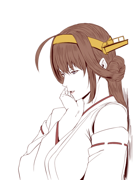 1girl ahoge bangs bare_shoulders brown_hair eyebrows_visible_through_hair grey_eyes hairband headgear ishii_hisao kantai_collection kongou_(kantai_collection) long_hair looking_down nontraditional_miko parted_lips partially_colored simple_background upper_body white_background