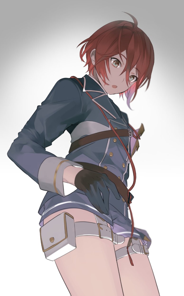 1boy :o artist_request gloves green_eyes highres holster male_focus military military_uniform redhead shinano_toushirou simple_background solo thigh_holster touken_ranbu uniform