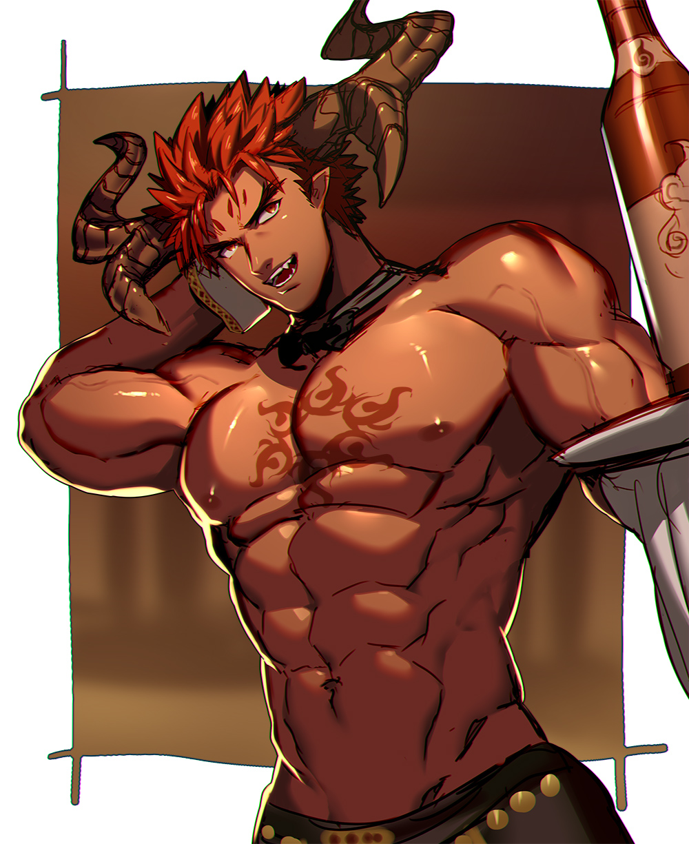 1boy abs black_neckwear bottle bow bowtie chest_tattoo dark_skin dark_skinned_male detached_collar highres horns ifrit_(tokyo_houkago_summoners) looking_at_viewer lvlv male_focus muscle nipples pointy_ears redhead shirtless solo tattoo tokyo_houkago_summoners toned toned_male tray wine_bottle