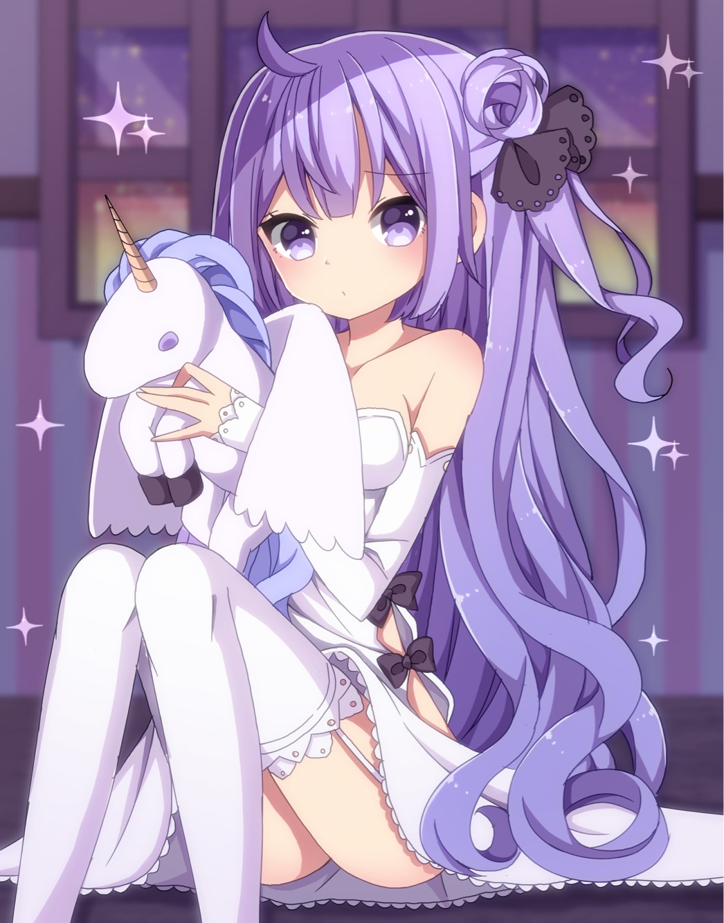 1girl ass azur_lane collarbone commentary_request detached_sleeves dress garter_straps hair_bun highres long_hair looking_at_viewer one_side_up purple_hair sapphire_(sapphire25252) side_bun sitting solo stuffed_animal stuffed_pegasus stuffed_toy stuffed_unicorn unicorn_(azur_lane) violet_eyes white_dress white_legwear