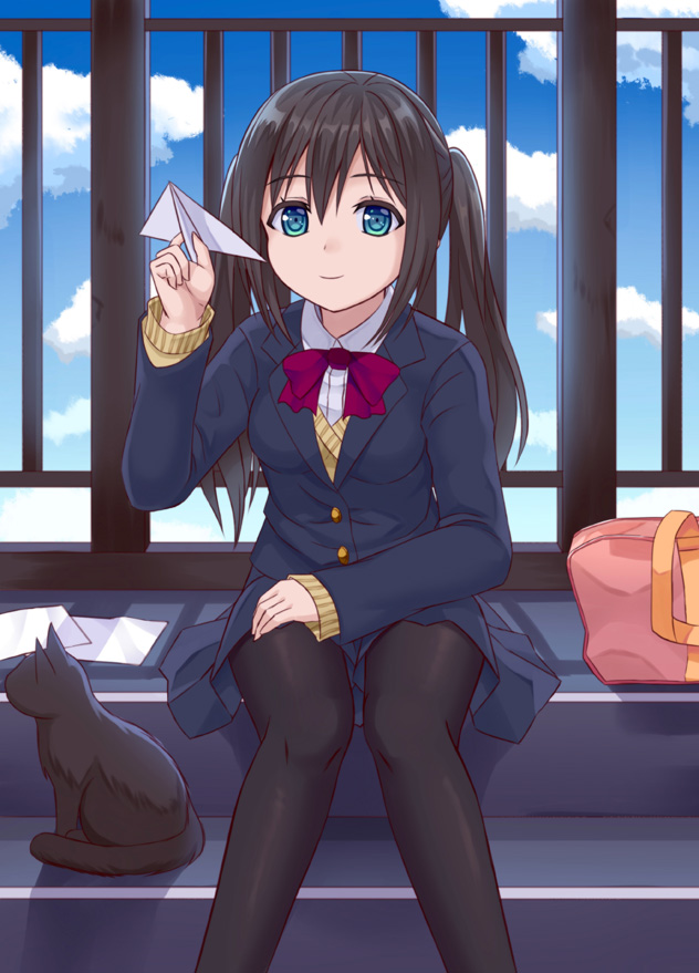 1girl animal bag bangs black_cat black_hair black_legwear blazer blue_eyes blue_jacket blue_skirt blue_sky bookbag bow bowtie cat closed_mouth clouds collared_shirt commentary_request day eyebrows_visible_through_hair hair_between_eyes hand_on_leg jacket knees_together_feet_apart long_hair long_sleeves looking_away original outdoors pantyhose paper paper_airplane railing red_neckwear school_bag shirt sidelocks sitting skirt sky sleeves_past_wrists smile solo tsukino_neru twintails white_shirt