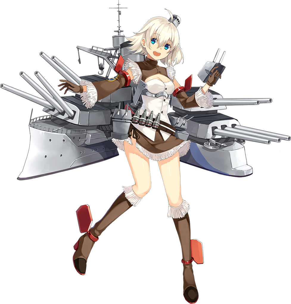 1girl ahoge azur_lane bangs belt blue_eyes breasts brown_belt brown_gloves brown_legwear brown_ribbon brown_skirt buttons cleavage cleavage_cutout detached_sleeves emblem eyebrows eyebrows_visible_through_hair eyelashes full_body gloves hair_between_eyes hao_(patinnko) headgear high_heels holding kneehighs legs_apart long_sleeves machinery miniskirt official_art oklahoma_(azur_lane) open_mouth ribbon shirt short_hair side_slit simple_background skirt small_breasts solo tareme teeth transparent_background turret white_background white_hair white_shirt