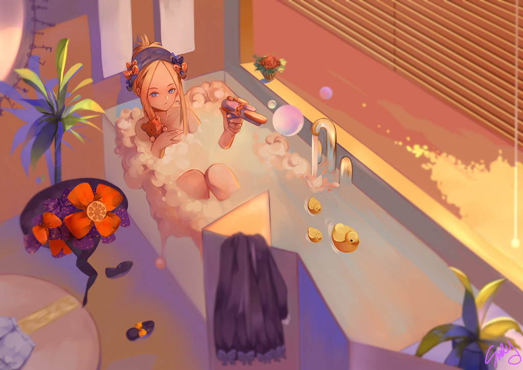 1girl abigail_williams_(fate/grand_order) bangs bath bathtub black_bow black_dress black_footwear black_hat blinds blonde_hair bloomers bloomers_removed blue_eyes bow butterfly commentary_request dress dress_removed fate/grand_order fate_(series) forehead hair_bow hair_up hat hat_removed headwear_removed holding indoors key long_hair long_sleeves looking_at_viewer mary_janes nude object_hug orange_bow parted_bangs partially_submerged polka_dot polka_dot_bow shizi_suky shoes shoes_removed sidelocks sleeves_past_wrists solo stuffed_animal stuffed_toy teddy_bear underwear water water_gun white_bloomers window witch_hat