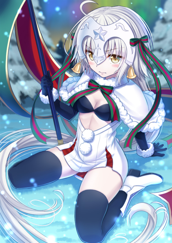 1girl ahoge bell black_bikini_top black_gloves black_legwear blush bow capelet closed_mouth commentary_request dress elbow_gloves fate/grand_order fate_(series) full_body gloves green_ribbon headpiece jeanne_d'arc_(fate)_(all) jeanne_d'arc_alter_santa_lily long_hair mizunashi_hayate ribbon short_dress sitting solo staff striped striped_bow striped_ribbon thigh-highs very_long_hair wariza yellow_eyes