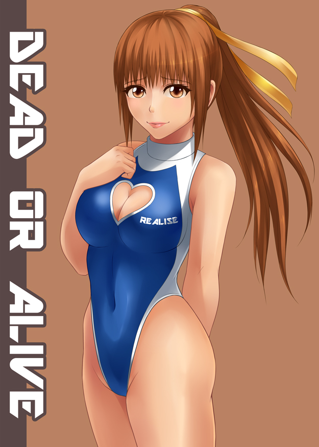 1girl blue_leotard breasts brown_background brown_eyes brown_hair cleavage cleavage_cutout copyright_name cowboy_shot dead_or_alive hair_ribbon highleg highleg_swimsuit kasumi_(doa) leotard lips looking_at_viewer medium_breasts ponytail ribbon simple_background smile solo standing swimsuit yellow_ribbon yoshinobu