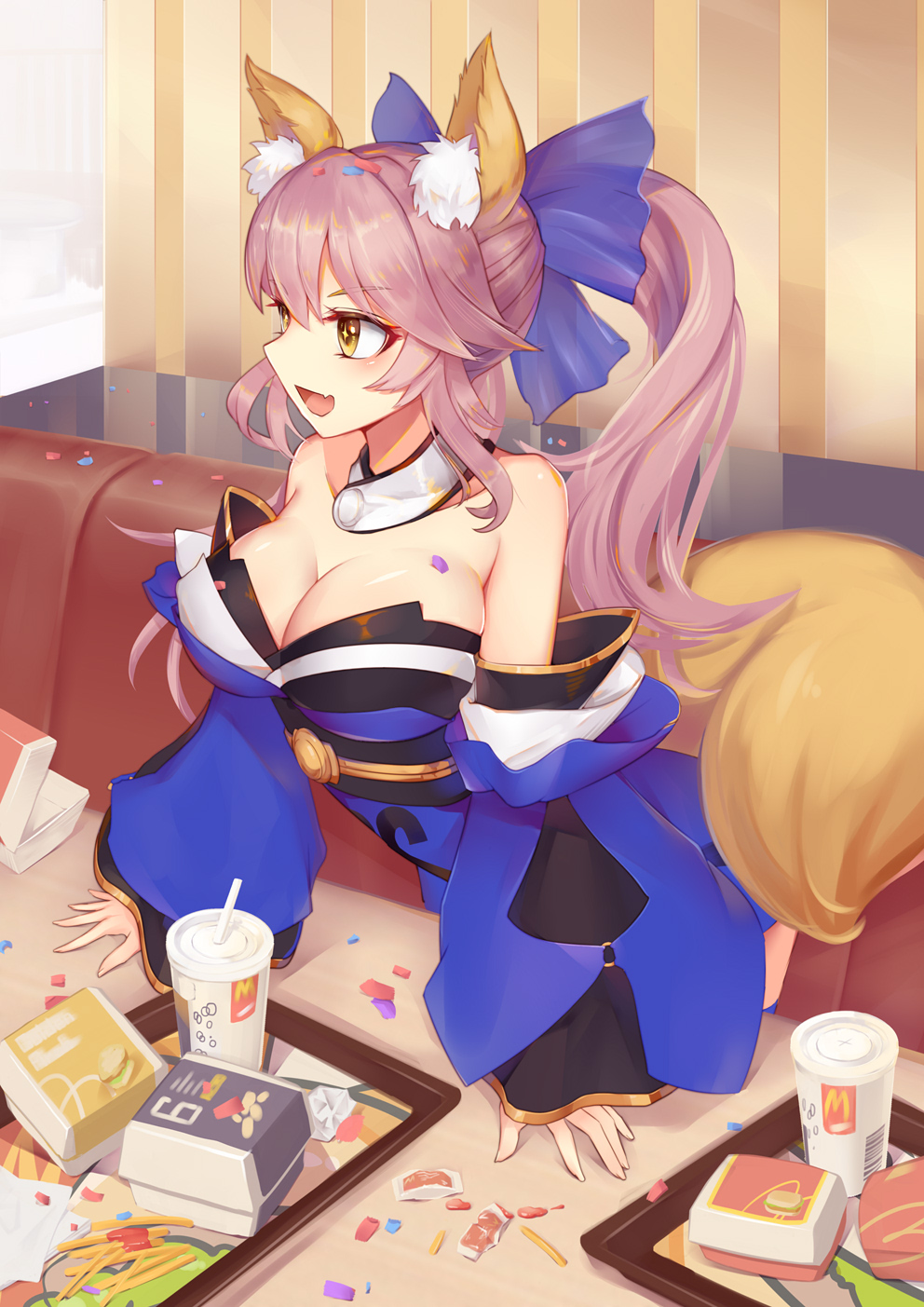 +_+ 1girl :d animal_ears arm_support bare_shoulders bendy_straw blue_kimono blue_ribbon breasts cleavage collarbone commentary_request couch detached_collar detached_sleeves drinking_straw fang fate/extra fate_(series) food fox_ears fox_girl fox_tail french_fries hair_ribbon highres indoors japanese_clothes kimono large_breasts liu_lan long_hair long_sleeves looking_to_the_side mcdonald's off_shoulder open_mouth paper_cup pink_hair ponytail ribbon short_kimono sidelocks smile solo standing striped tail tamamo_(fate)_(all) tamamo_no_mae_(fate) vertical_stripes wide_sleeves window yellow_eyes