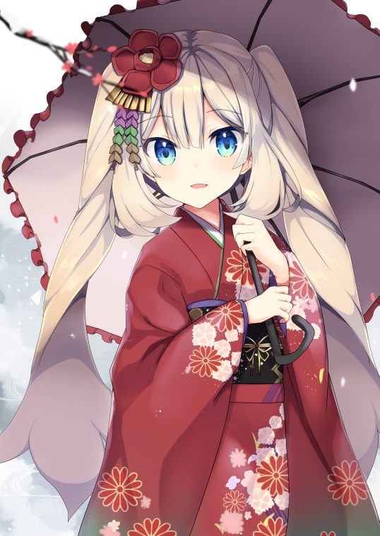 1girl ameshizuku_natsuki bangs blonde_hair blue_eyes blush commentary_request eyebrows_visible_through_hair fate/grand_order fate_(series) floral_print hair_between_eyes hair_ornament head_tilt holding holding_umbrella japanese_clothes kimono long_hair long_sleeves looking_at_viewer marie_antoinette_(fate/grand_order) obi parted_lips print_kimono red_kimono sash sidelocks smile solo twintails umbrella very_long_hair white_background wide_sleeves